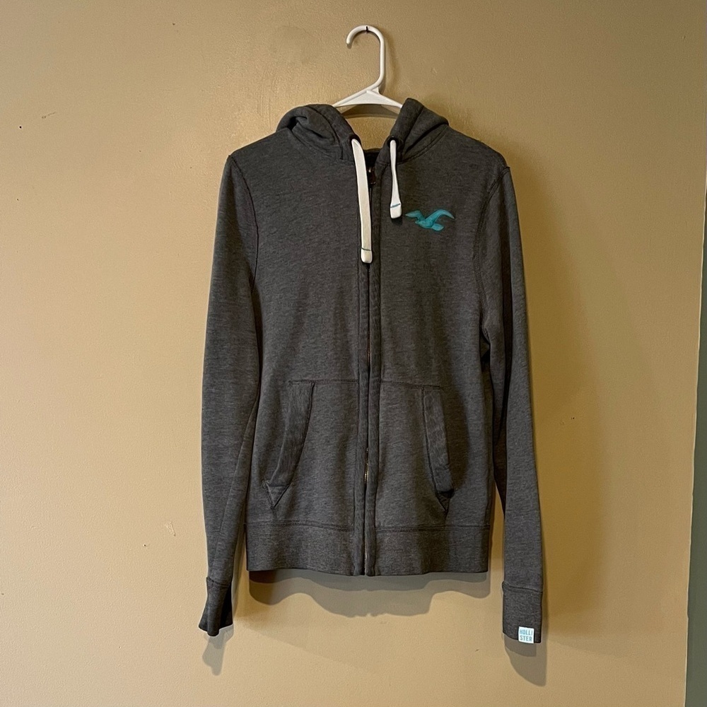 HOLLISTER zip up hoodie Y2K style logo heather gray sz M EUC preppy streetwear